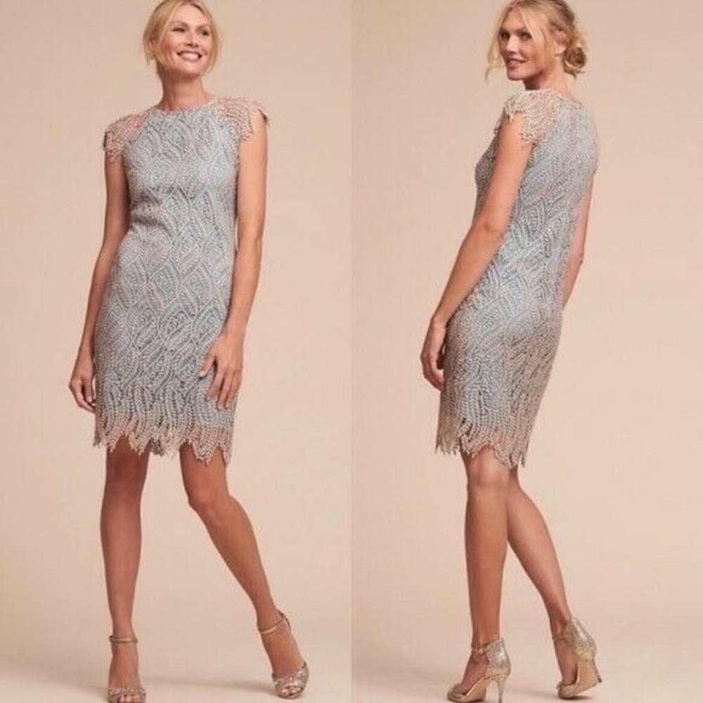 Anthropologie Mignon Doo BHLDN Lace Overlay Dress Sz 2 Crochet Sheer Metallic